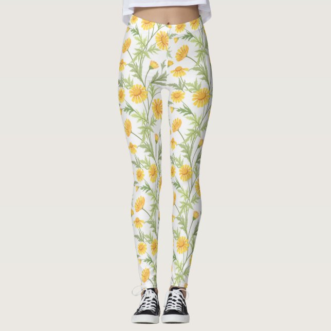 Vackra Gult Daisy Flowers Mönster Leggings (Framsida)