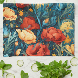 Vackra Gulter och rödblommor, botaniskt tryck Kökshandduk