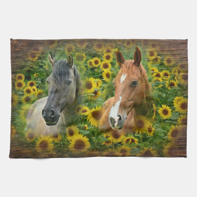 Vackra hästar i Fält i solblommor Kökshandduk (Horisontell)