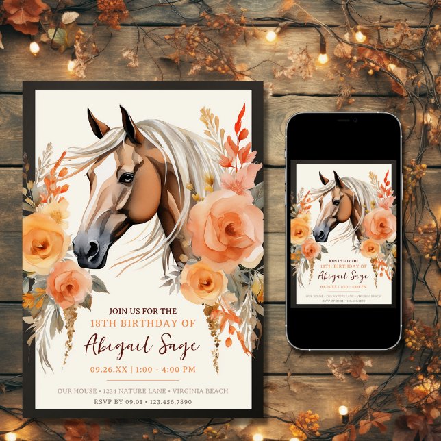 Vackra hästar och blommor inbjudningar (Printed and Digital - Beautiful Horse and Flowers Birthday Invitation)