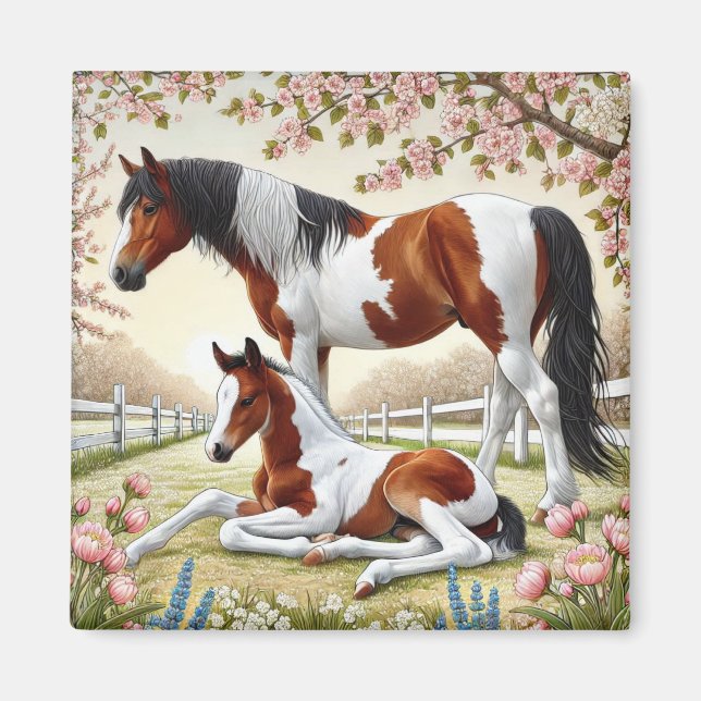 Vackra hästar och föl i en blommande trädgård magnet (Framsidan)