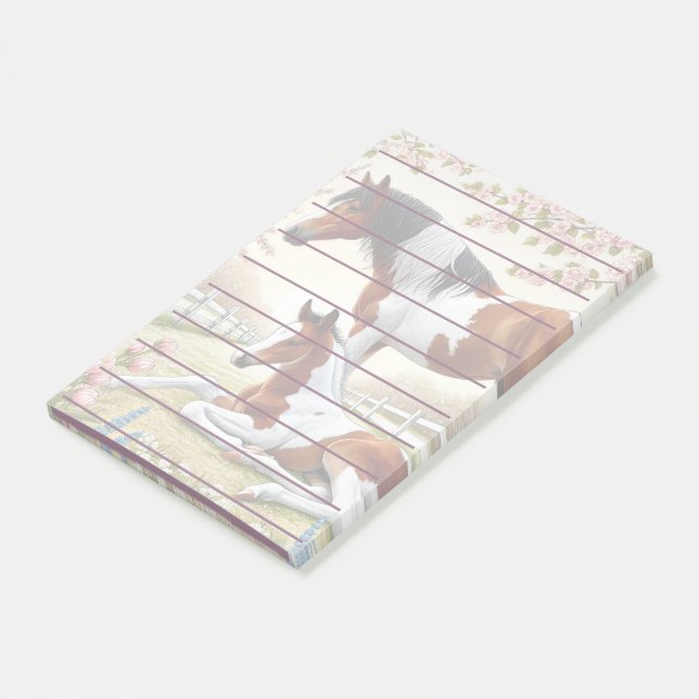 Vackra hästar och föl i en blommande trädgård post-it block (Vinklad)