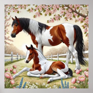 Vackra hästar och föl i en blommande trädgård poster