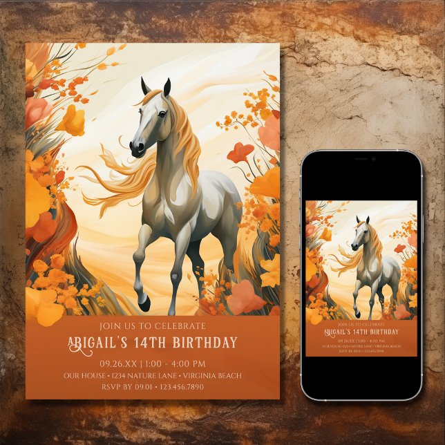 Vackra hästar och höstblommor födelsedag inbjudningar (Printed and Digital - Beautiful Horse and Autumn Flowers Fall Birthday Invitation)