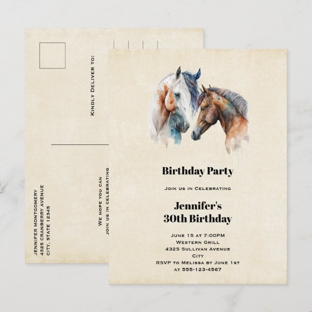 Vackra hästar Westerna Boho Stil Birthday Inbjudan Vykort (Fram/baksida)