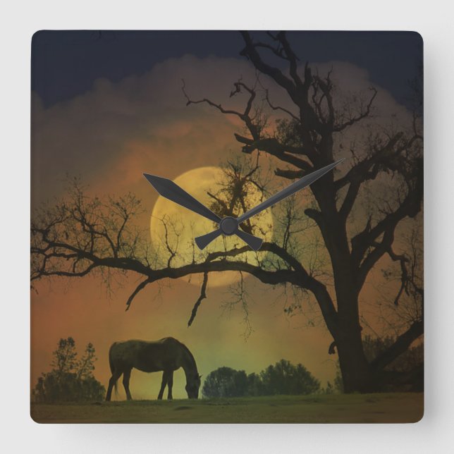 Vackra hästen i Harvest Måne Clock Fyrkantig Klocka (Framsida)