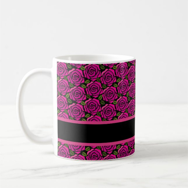 Vackra heta rosa rosor anpassat namn monogram pres kaffemugg (Vänster)