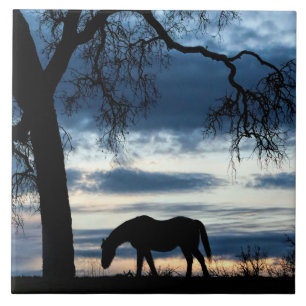 Vackra Horse and Oak Träd Art Tile Kakelplatta