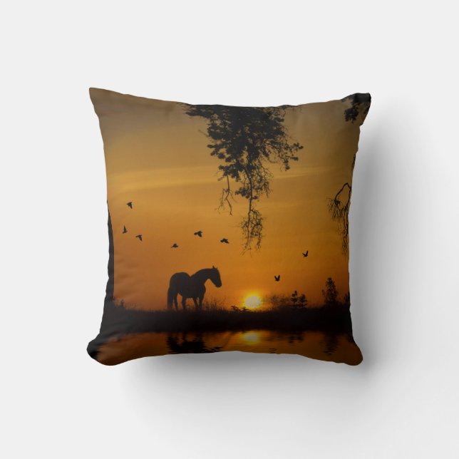 Vackra Horse och Oak Träd Sunset Kudde (Framsida)