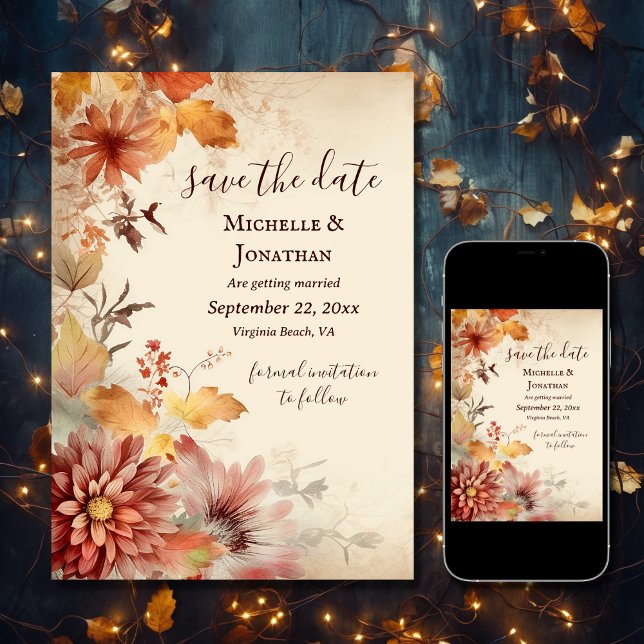 Vackra höstblommor faller Blommigten Bröllop Spara Datumet (Printed and Digital - Beautiful Autumn Flowers Fall Floral Wedding Save The Date)