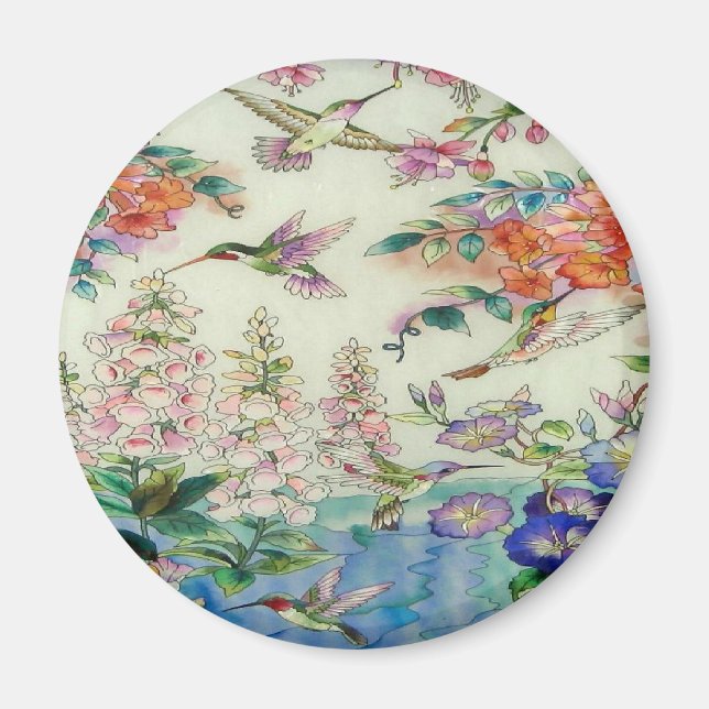 Vackra Hummingbird Flowers Flockade glaskonstverk Magnet (Framsidan)