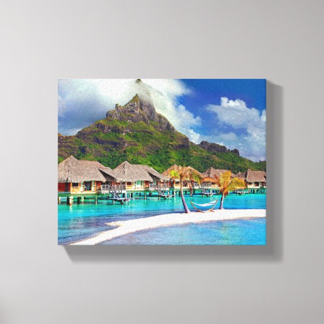 Vackra Huts vid Vatten i Bora Bora Canvastryck (Framsida)