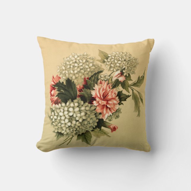 Vackra Hydrangea och Rosa Carnation Vintage Kudde (Framsida)