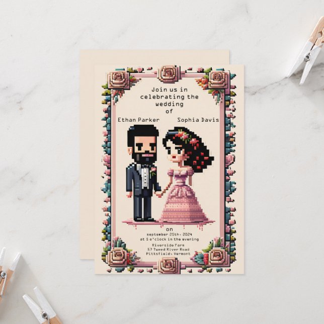 Vackra inbjudningar till Pixel Art Wedding (Fram/Back In Situ)