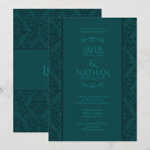 Vackra inbjudningar till Teal Damask-bröllop