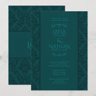 Vackra inbjudningar till Teal Damask-bröllop