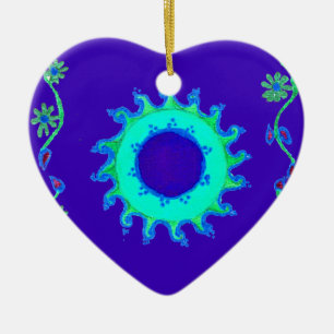 Vackra Iridescent Blue Blommigt Art Oljemålning Julgransprydnad Keramik