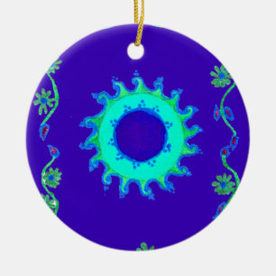 Vackra Iridescent Blue Blommigt Art Oljemålning Julgransprydnad Keramik