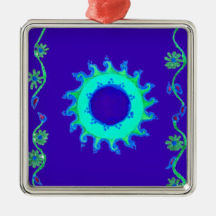 Vackra Iridescent Blue Blommigt Art Oljemålning Julgransprydnad Metall