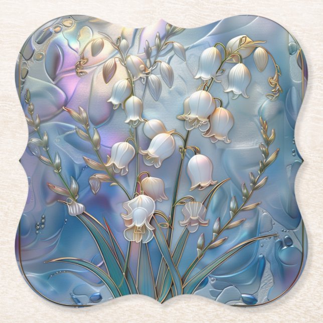 Vackra Iridescent Lily av Valley Embossed Glass Underlägg Papper (Framsida)