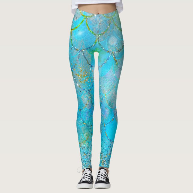 Vackra Iridescerande Blåa Glittrande Sjöjungfrusfj Leggings (Framsida)