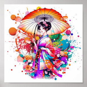 Vackra japanska kvinnor i Kimono Parasol Poster