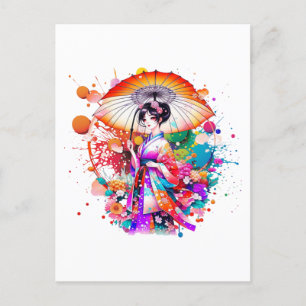 Vackra japanska kvinnor i Kimono Parasol Vykort