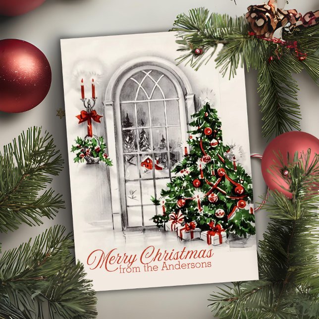 Vackra julhelgen Träd och Anpassningsbarna Fönster Julkort (Beautiful Vintage Christmas Tree And Window Custom Holiday Card)