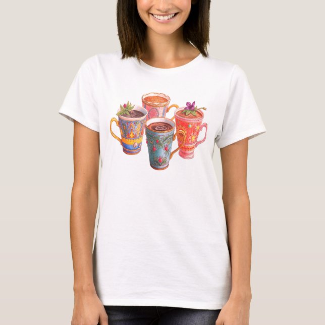 Vackra koppar läcker kaffe på en vit SS T Shirt (Framsida)