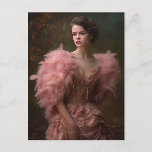 Vackra kvinnor i Rosa Feather Dress Postcard Vykort (Framsida)
