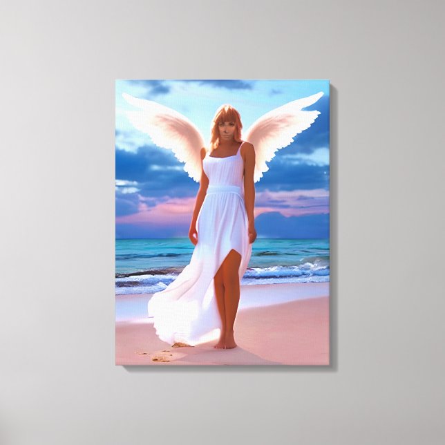 Vackra kvinnor med Angel Vingar på en beach Canvastryck (Framsida)