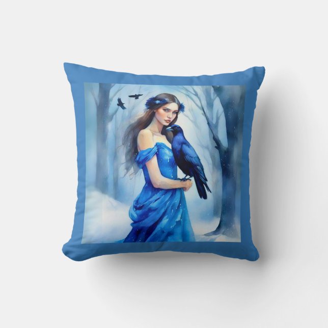 Vackra kvinnor med en korv i en snöskog kudde (Framsida)