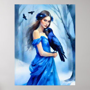 Vackra kvinnor med en korv i en snöskog poster