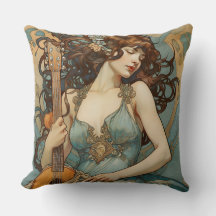 Vackra kvinnor med Guitar Art nouveau Pillow
