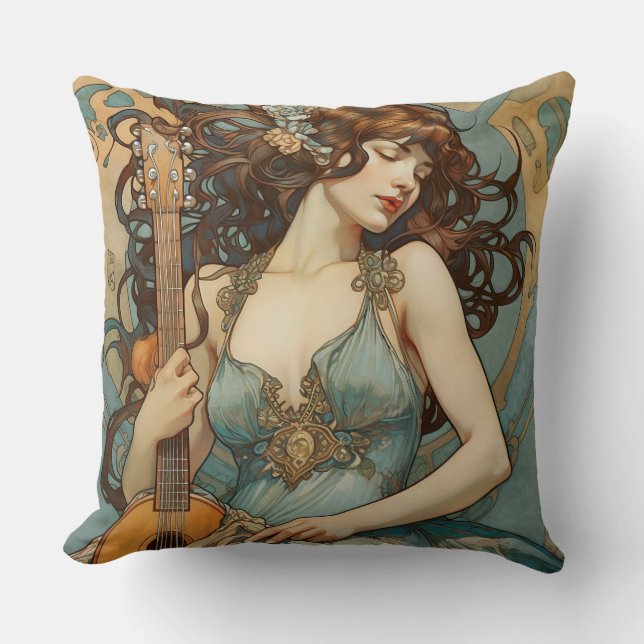 Vackra kvinnor med Guitar Art nouveau Pillow Kudde (Framsida)