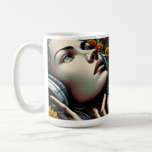 Vackra kvinnor med hörlurar i solblommor kaffemugg