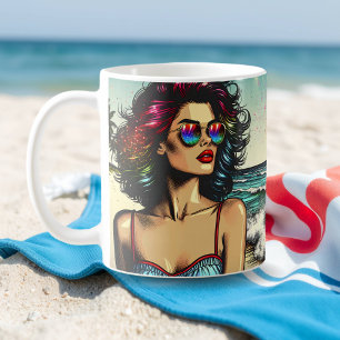 Vackra kvinnor på Beach Tecknad Bok pop Art Kaffemugg
