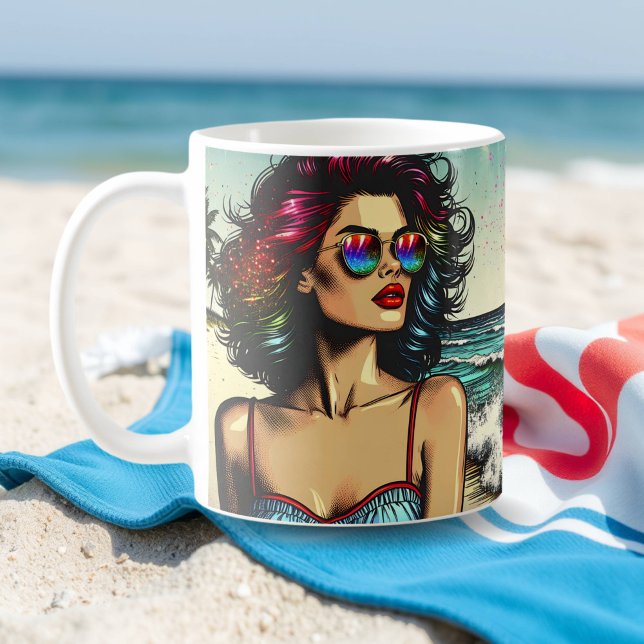 Vackra kvinnor på Beach Tecknad Bok pop Art Kaffemugg (Skapare uppladdad)