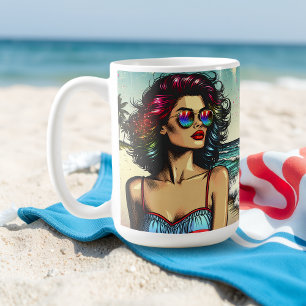 Vackra kvinnor på Beach Tecknad Bok pop Art Kaffemugg