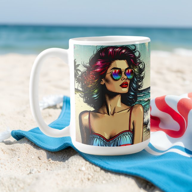 Vackra kvinnor på Beach Tecknad Bok pop Art Kaffemugg (Skapare uppladdad)