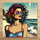 Vackra kvinnor på Beach Tecknad Bok pop Art Poster<br><div class="desc">Söt ai gav en bild av söt dam på stranden med solglasögon med havets bakgrund tecknad bok stil popart.</div>