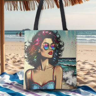 Vackra kvinnor på Beach Tecknad Bok pop Art Tygkasse