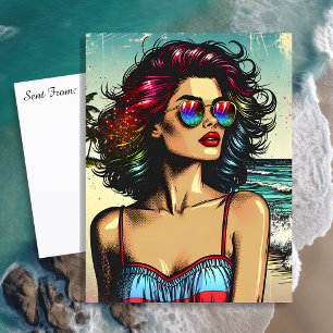 Vackra kvinnor på Beach Tecknad Bok pop Art Vykort