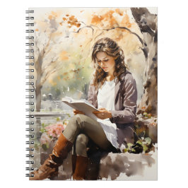 Vackra kvinnor som läser Bok i parken Watercolor Anteckningsbok