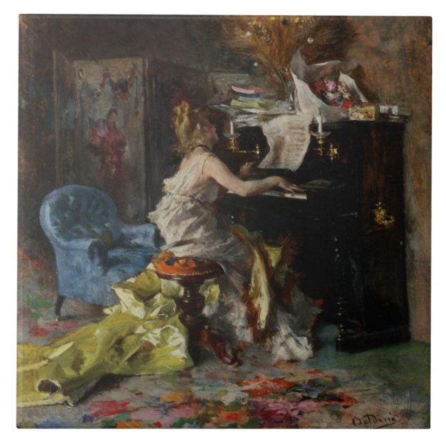 Vackra kvinnor som spelar Piano (av Boldini) Kakelplatta (Framsidan)