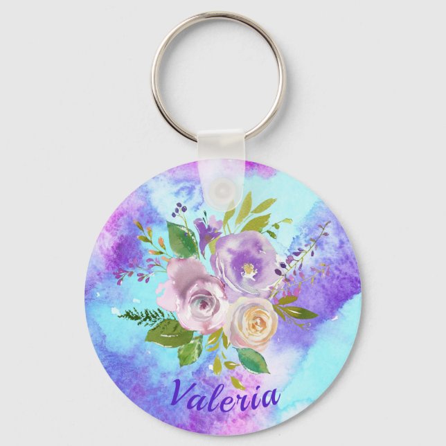 Vackra lila akvarellblommor nyckelring (Framsida)