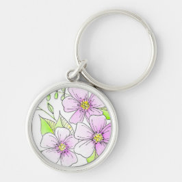 Vackra lila akvarellblommor rund silverfärgad nyckelring