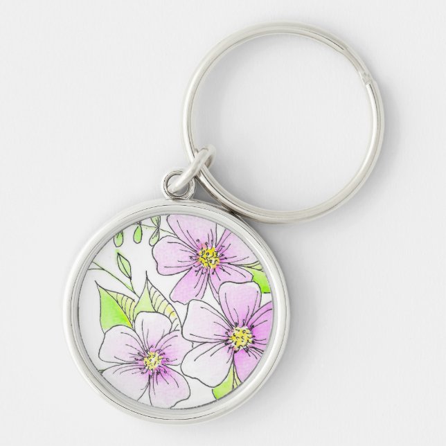 Vackra lila akvarellblommor rund silverfärgad nyckelring (Framsidan)