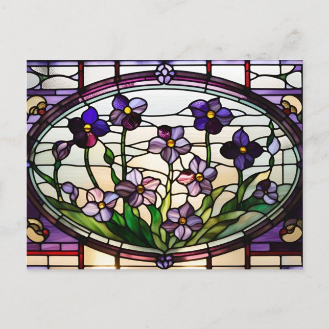Vackra lila blommor glasmålning  vykort (Framsida)