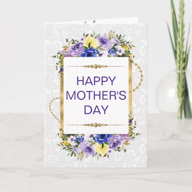 Vackra lila blommor & guldglitter Mors dag Kort (Framsida)